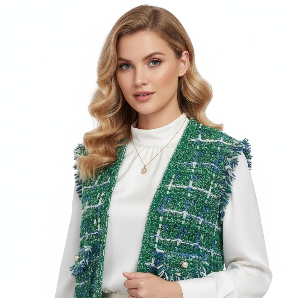 Silver Threaded Luxe High Quality Tweed Green Vest