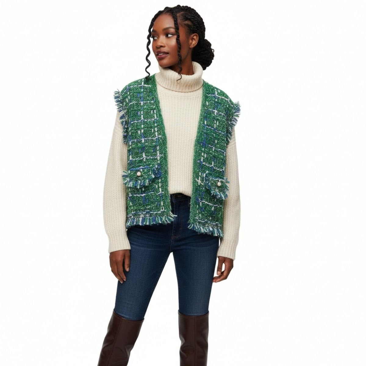 Silver Threaded Luxe High Quality Tweed Green Vest