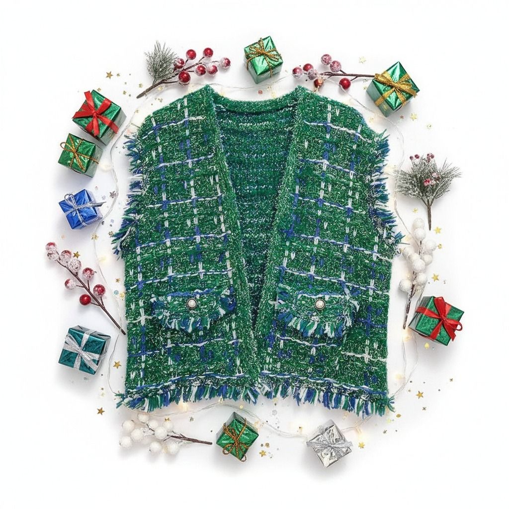 Silver Threaded Luxe High Quality Tweed Green Vest