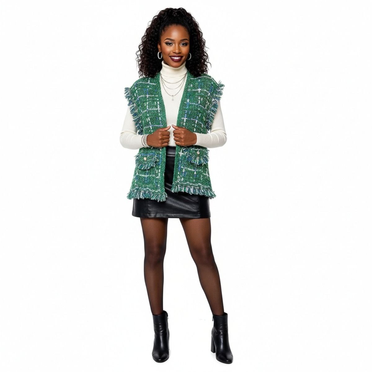 Silver Threaded Luxe High Quality Tweed Green Vest