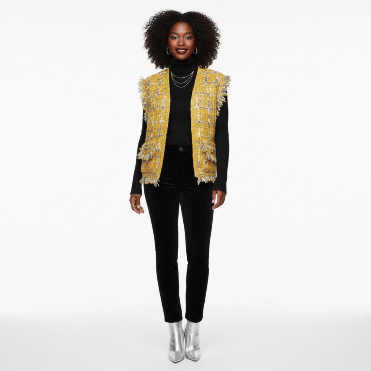 Gold Threaded Luxe Plaid Tweed Mustard Vest