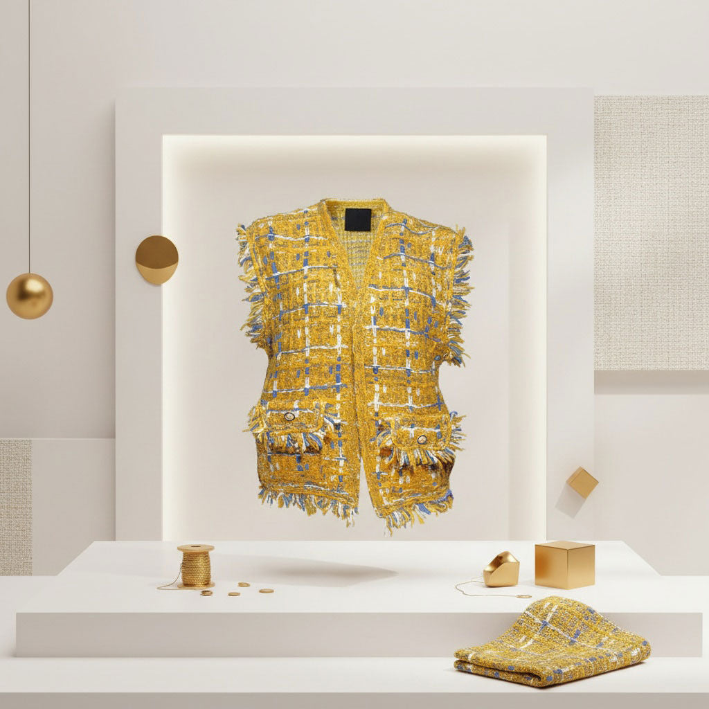 Gold Threaded Luxe Plaid Tweed Mustard Vest