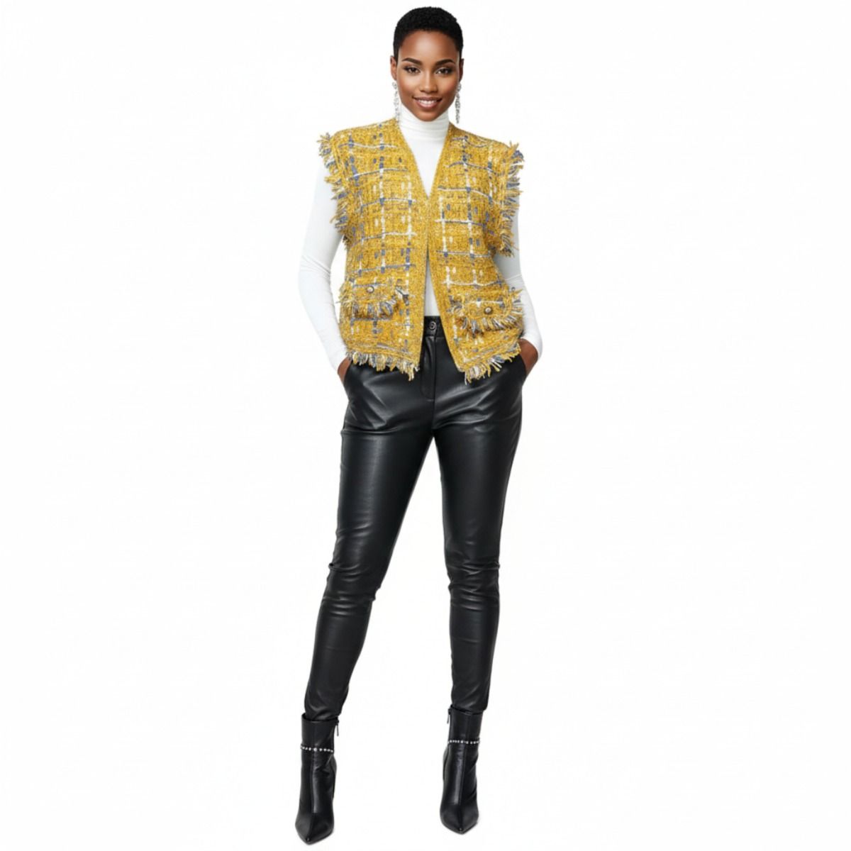 Gold Threaded Luxe Plaid Tweed Mustard Vest