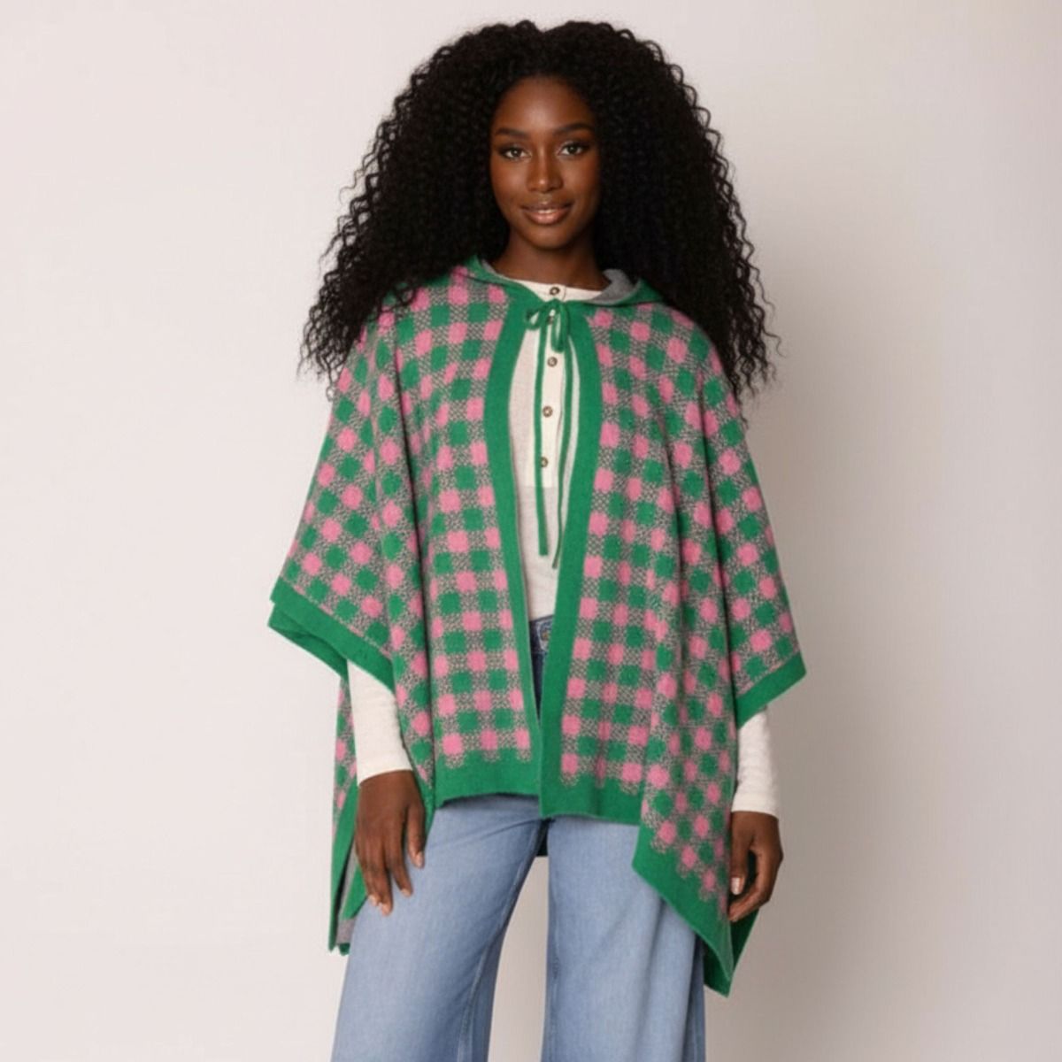 AKA Sorority Checkered Knit Pink and Green Cape