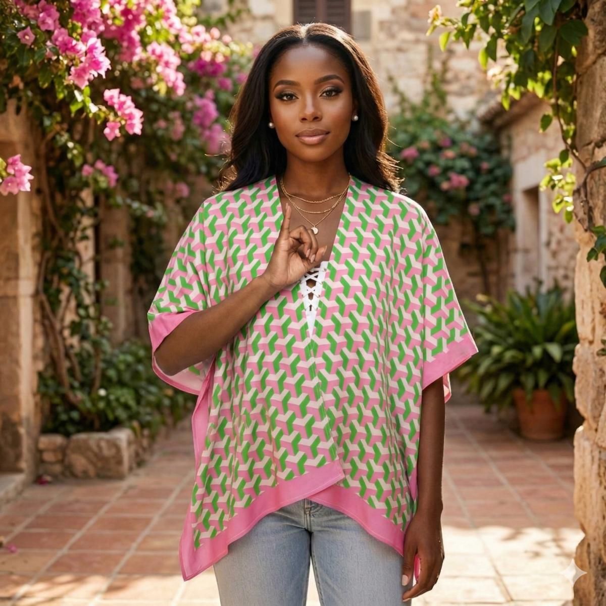 Kimono Pink Green Block Print AKA Women