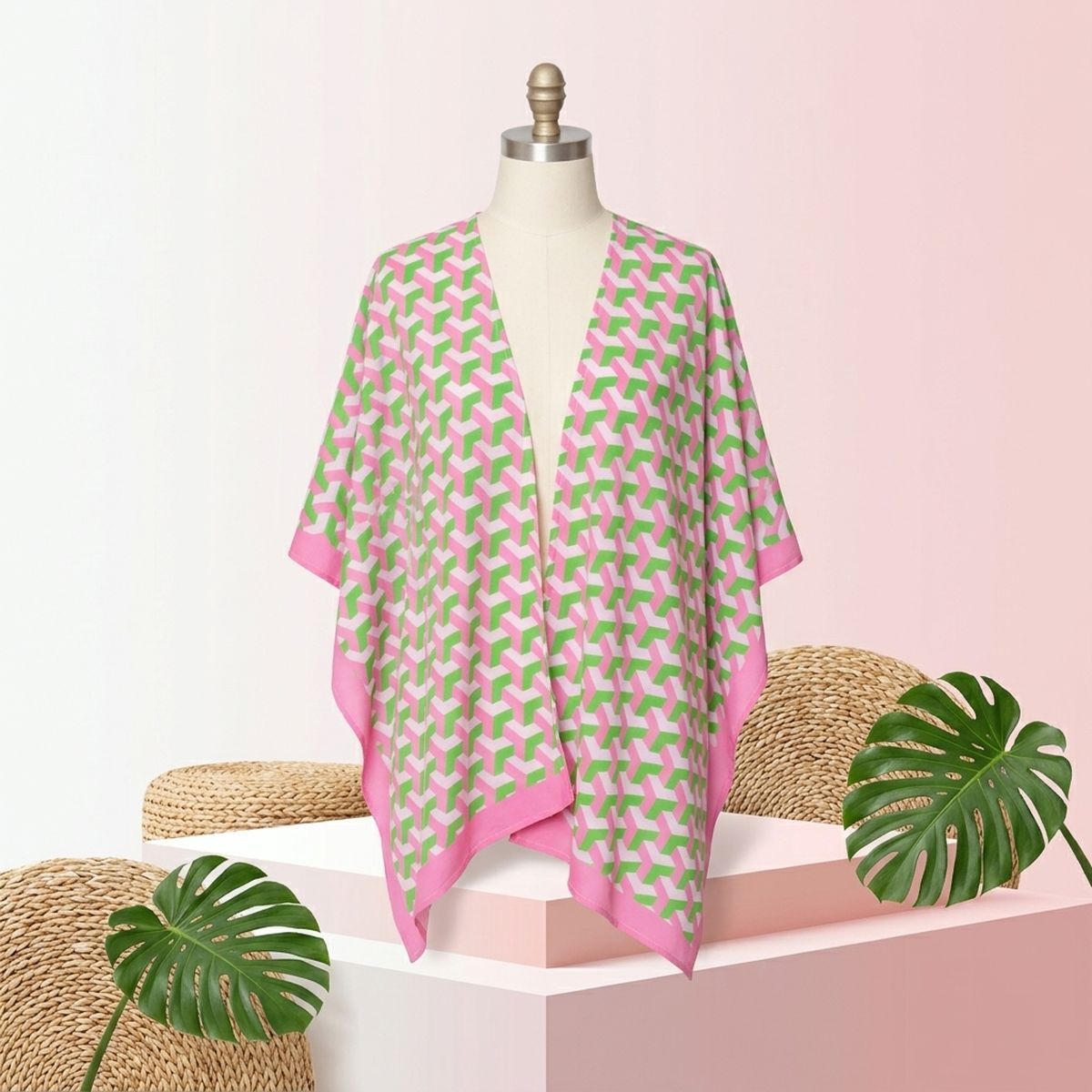 Kimono Pink Green Block Print AKA Women
