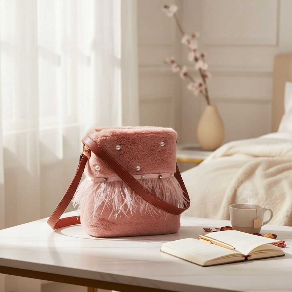 Mauve Fur Pearl Stud Bucket Bag