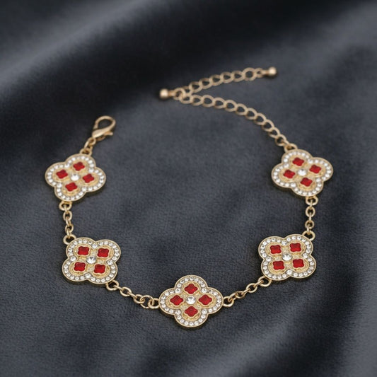 Red Encrusted Quatrefoil 5 Motif Chain Bracelet