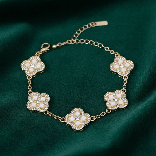 White Encrusted Quatrefoil 5 Motif Chain Bracelet