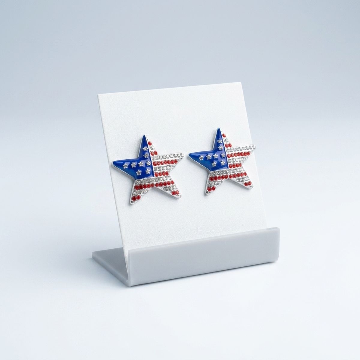 USA Flag Silver Star Patriotic Bling Stud Earrings