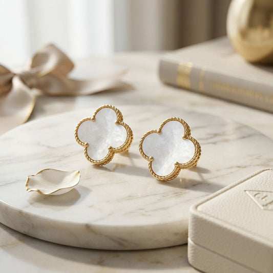Stud Large Cream and Gold Quatrefoil Earrings