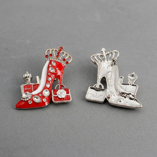 Red White Silver High Heel Queen Brooch Pin