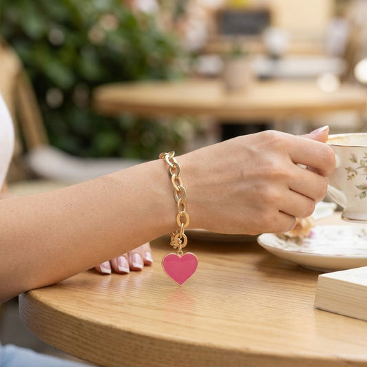 Pink Heart Charm Gold Oval Chain Bracelet