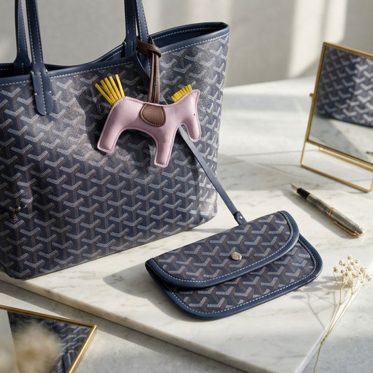 Navy Geometric Chevron Print Tote and Pouch Set