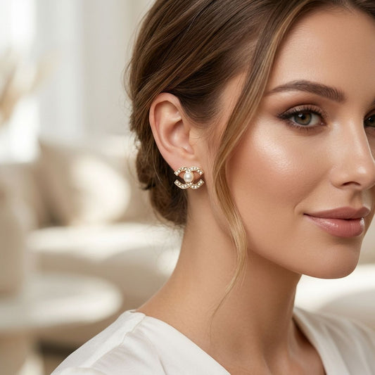 Stud Parisian Gold Double C Pearl Stone Earrings