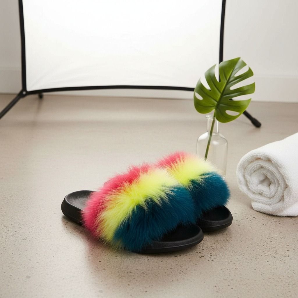 Coral to Green Fox Fur Medium Slippers