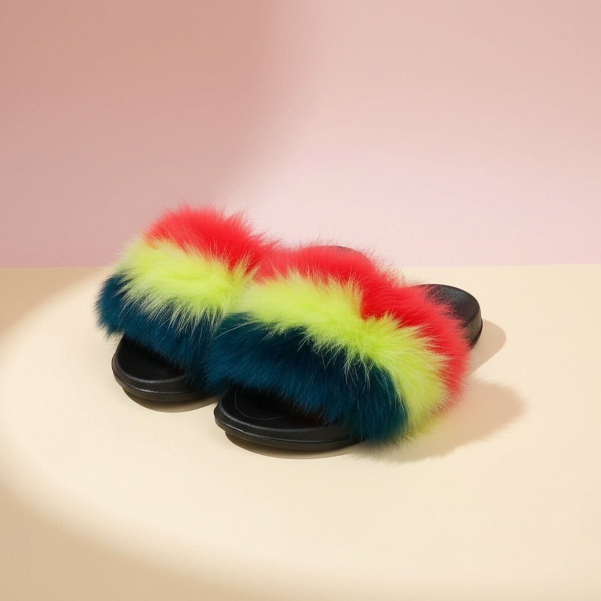 Coral to Green Fox Fur Small Slippers
