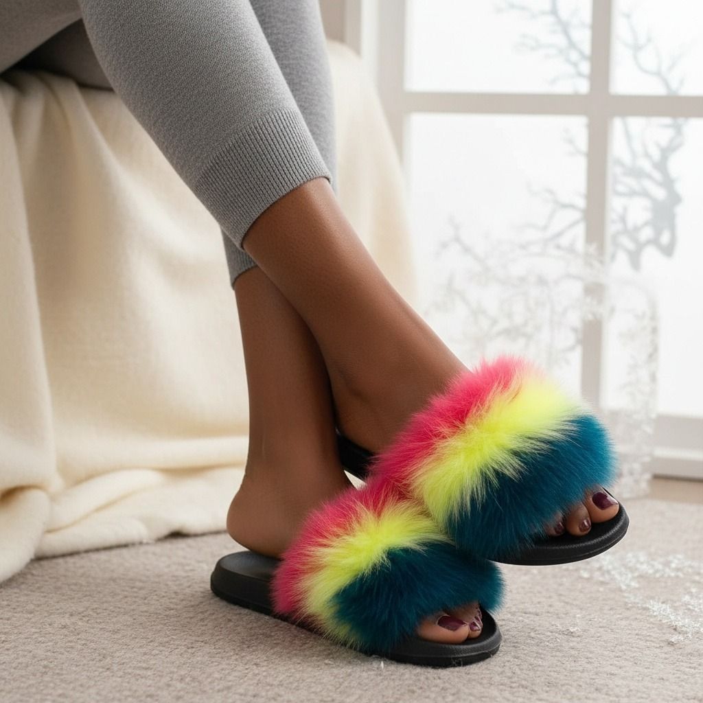 Coral to Green Fox Fur Medium Slippers