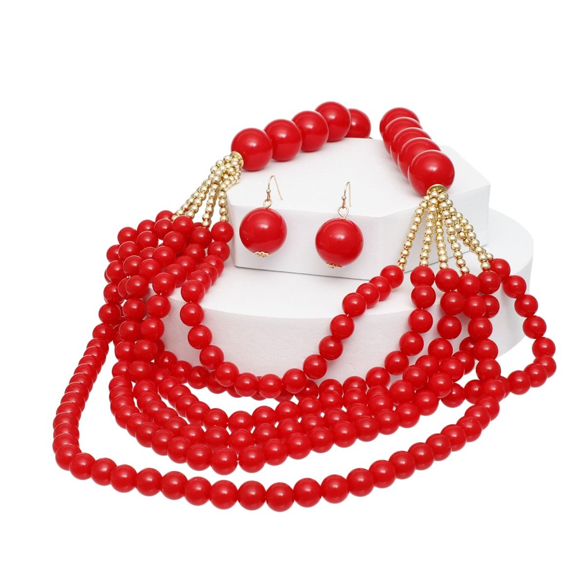 Beaded Long Layer 6 Strand Red Chunky Necklace