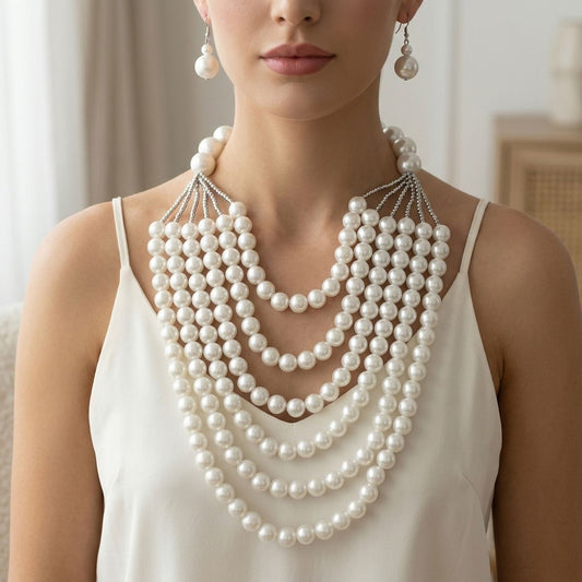 White Pearl Long Layer 6 Strand Chunky Necklace
