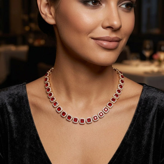 Tennis Red Cushion Cut Crystal Halo Luxe Necklace