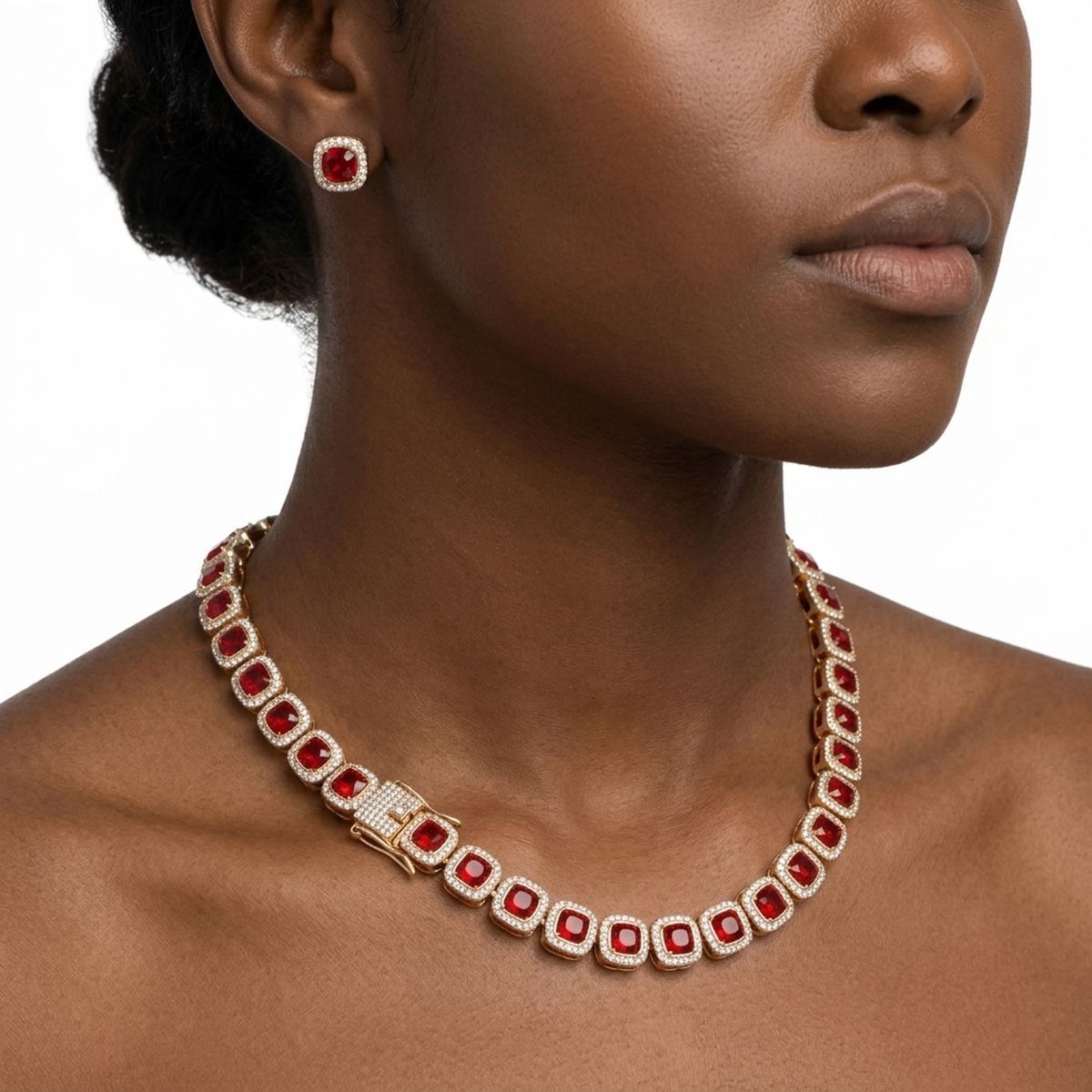 Tennis Red Cushion Cut Crystal Halo Luxe Necklace