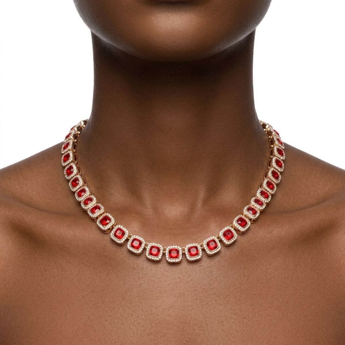 Tennis Red Cushion Cut Crystal Halo Luxe Necklace
