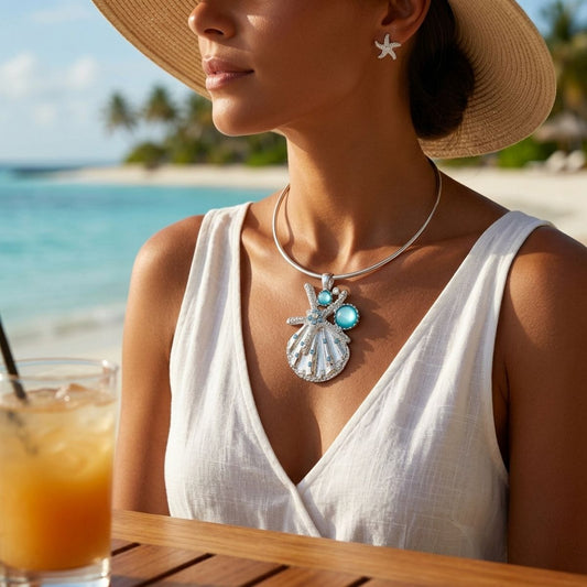 Silver Choker Sea Life Pendant Turquoise Rhinestones