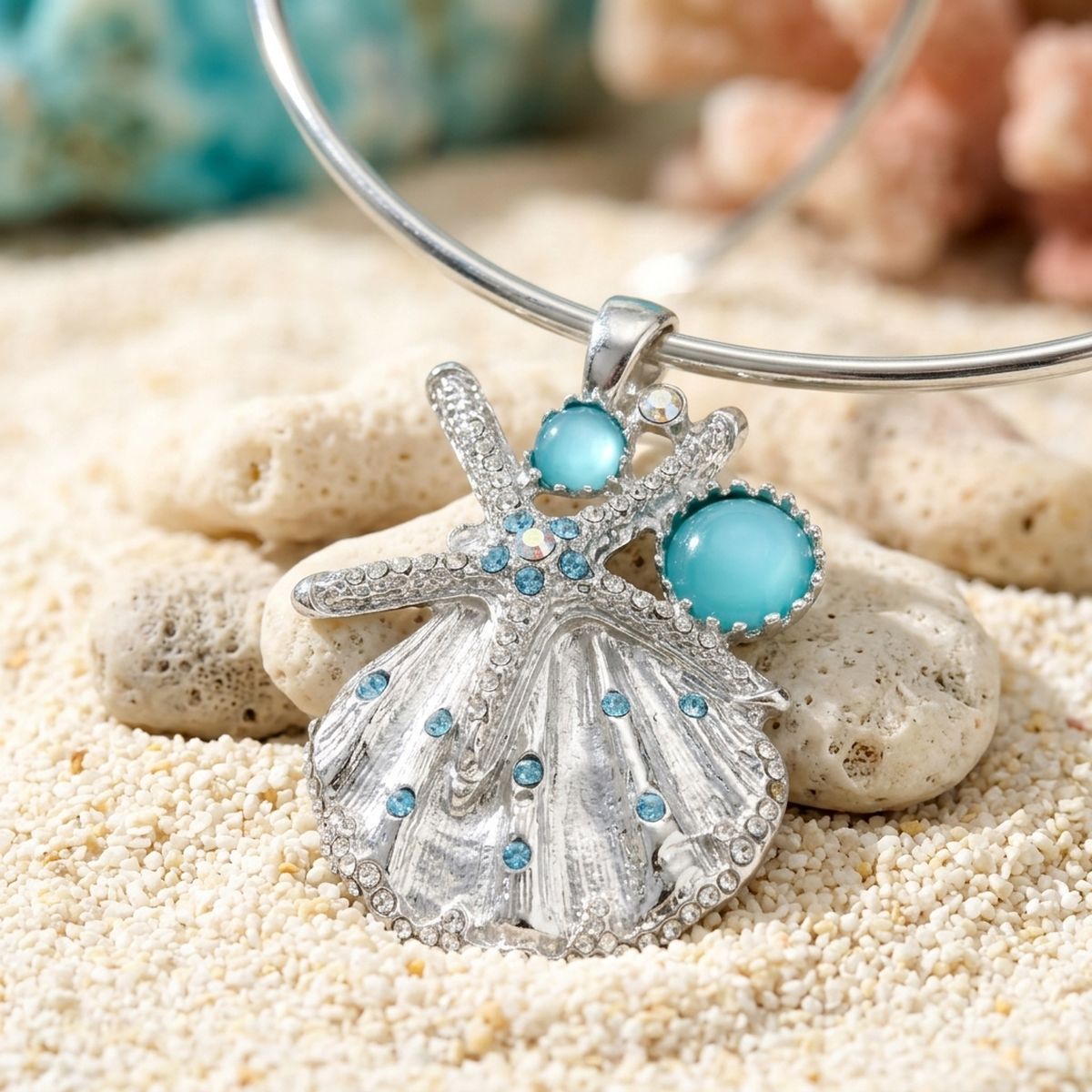 Silver Choker Sea Life Pendant Turquoise Rhinestones
