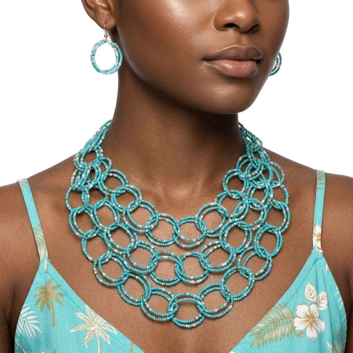 Bib Turquoise Seed Bead Link Triple Layer Necklace