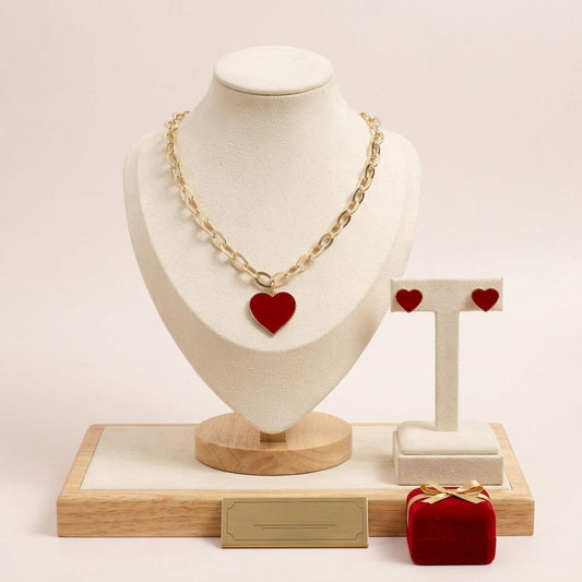 Red Heart Pendant Gold Oval Chain Necklace
