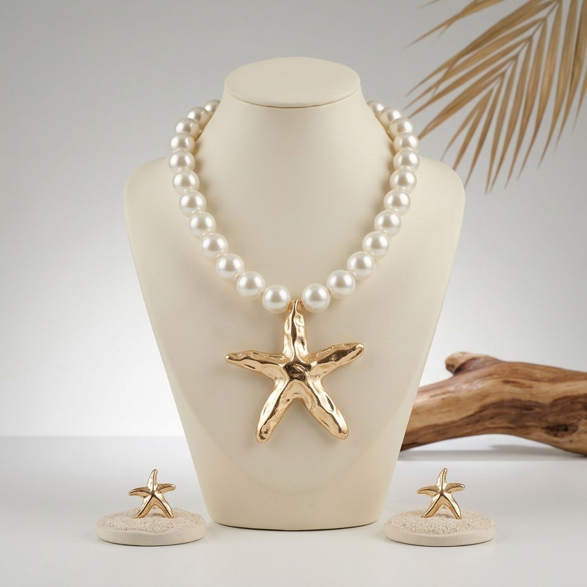 Gold Starfish Pendant Chunky Cream Pearl Necklace