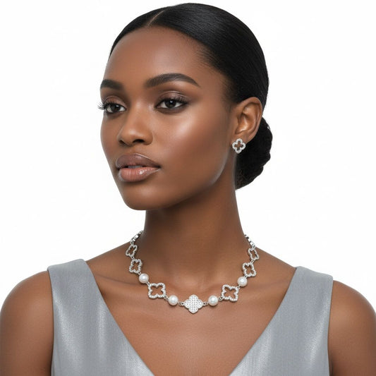Silver Pave Quatrefoil Clover Cotton Pearl Necklace