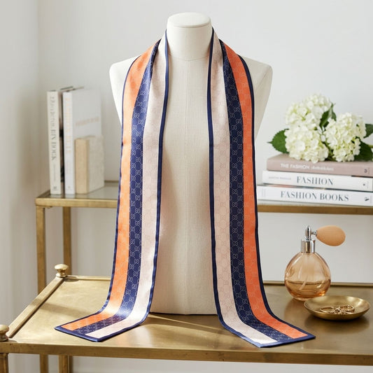 Navy and Orange Monogram Silky Skinny Scarf