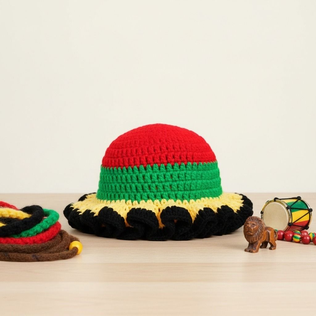 Red Crochet Multicolor Ruffle Bucket Hat Women