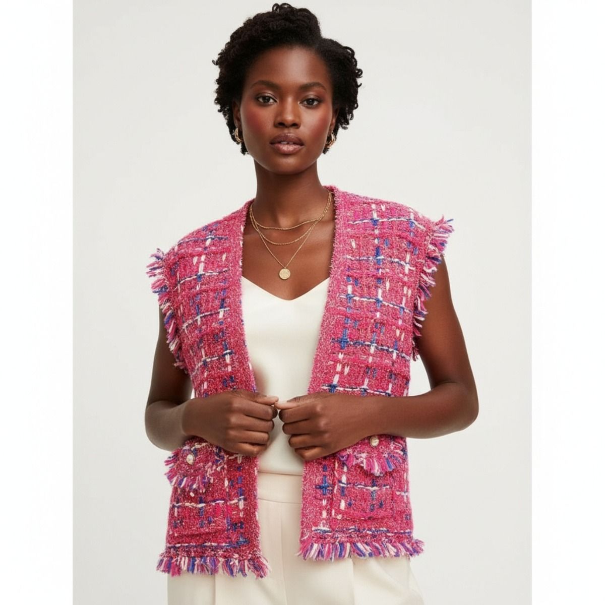 Silver Threaded Vest Luxe Plaid Tweed Pink Vest