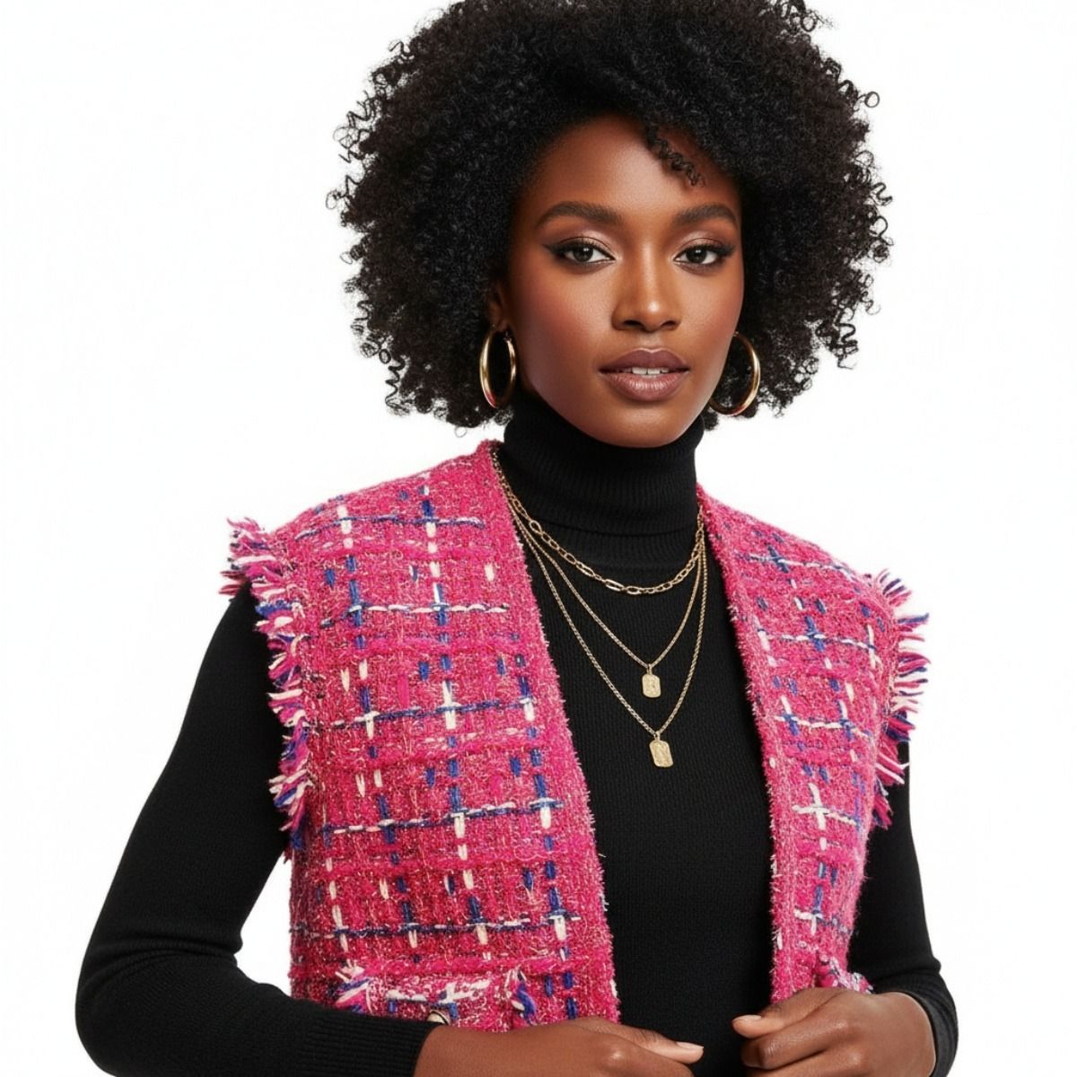 Silver Threaded Vest Luxe Plaid Tweed Pink Vest