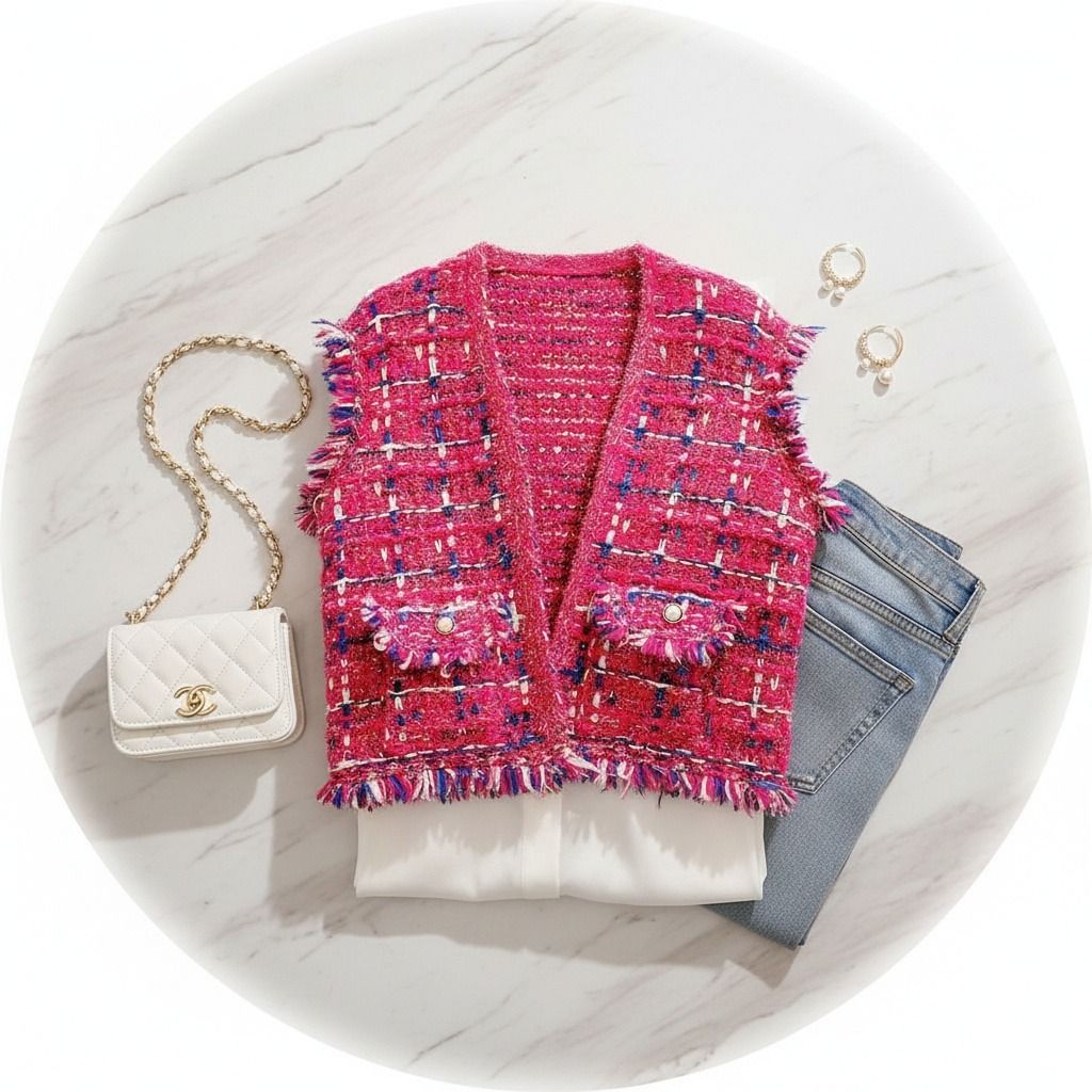 Silver Threaded Vest Luxe Plaid Tweed Pink Vest