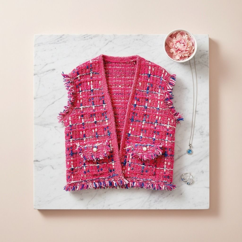 Silver Threaded Vest Luxe Plaid Tweed Pink Vest