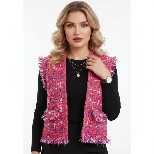Silver Threaded Vest Luxe Plaid Tweed Pink Vest