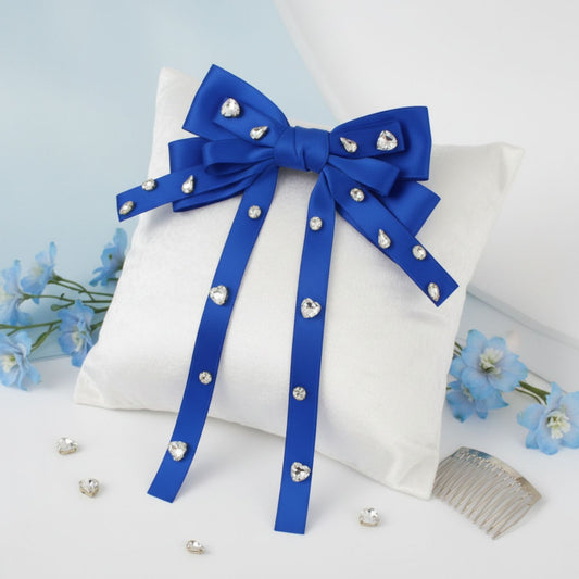 SGRHO Blue and Crystal Large Ribbon Bow Hair Clip