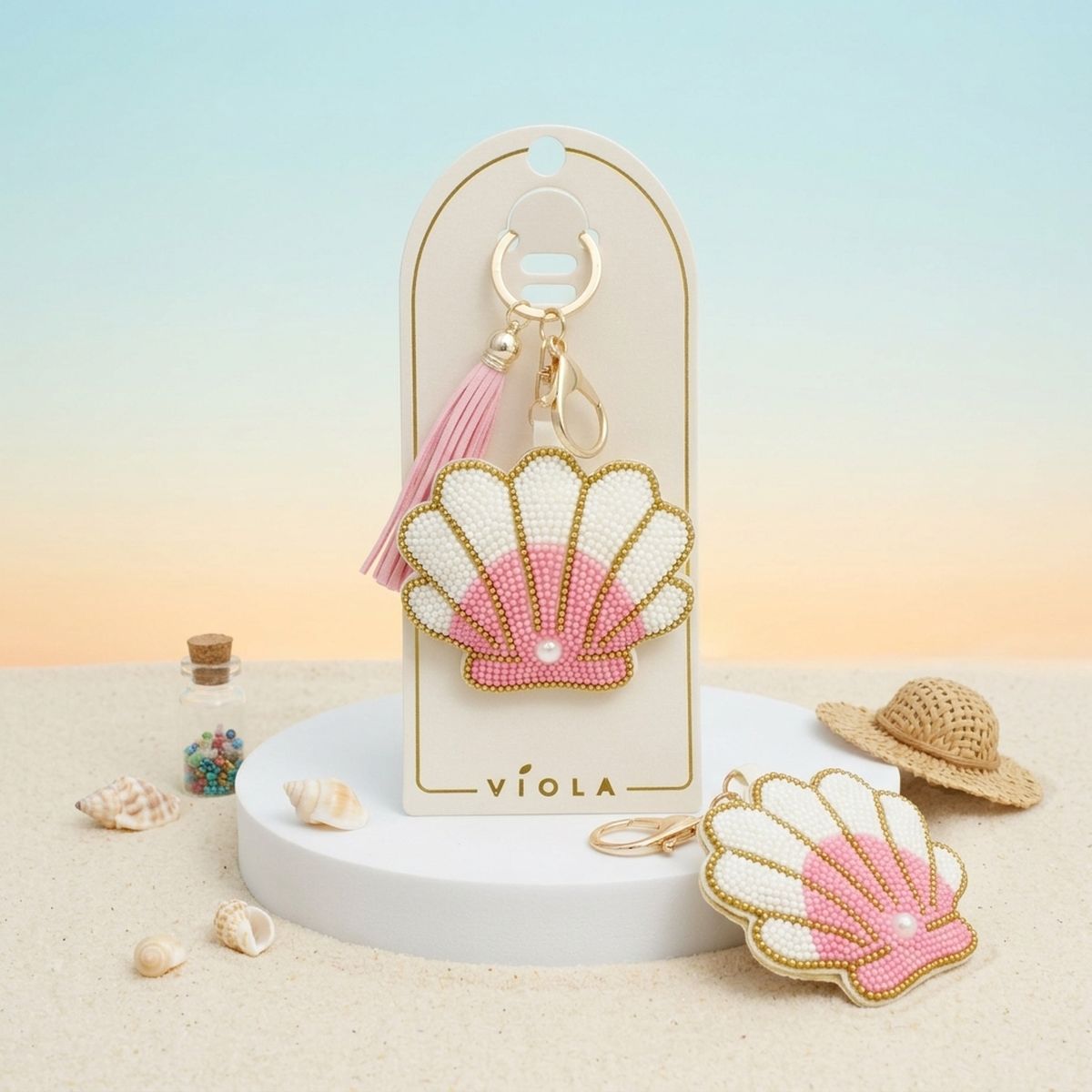 Bag Clip Pink and White Bead Seashell Keychain