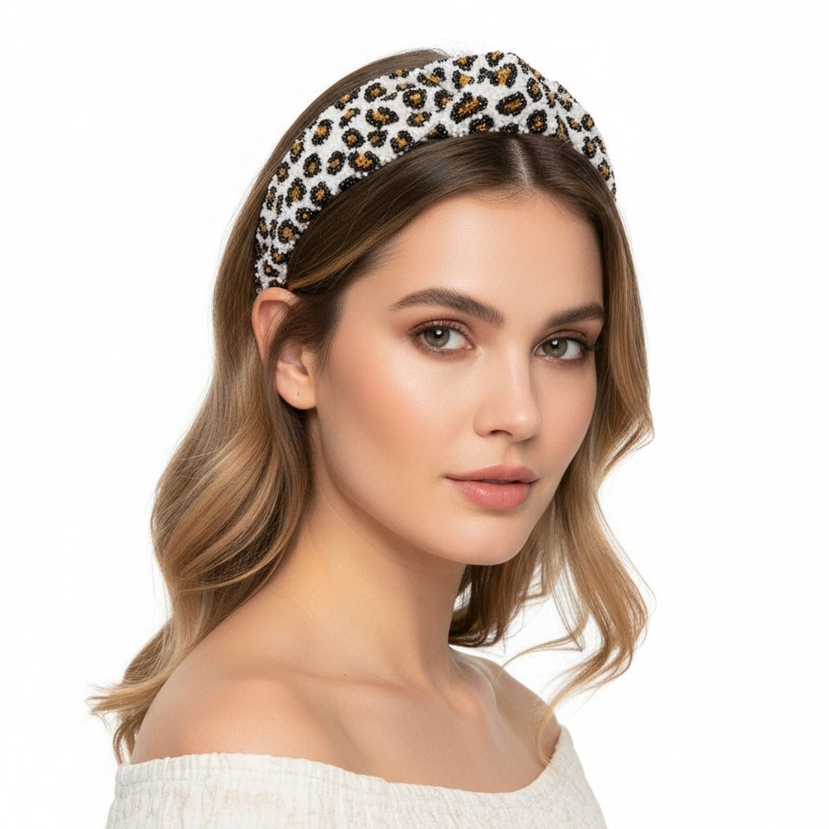 Furry White Leopard Knot Headband