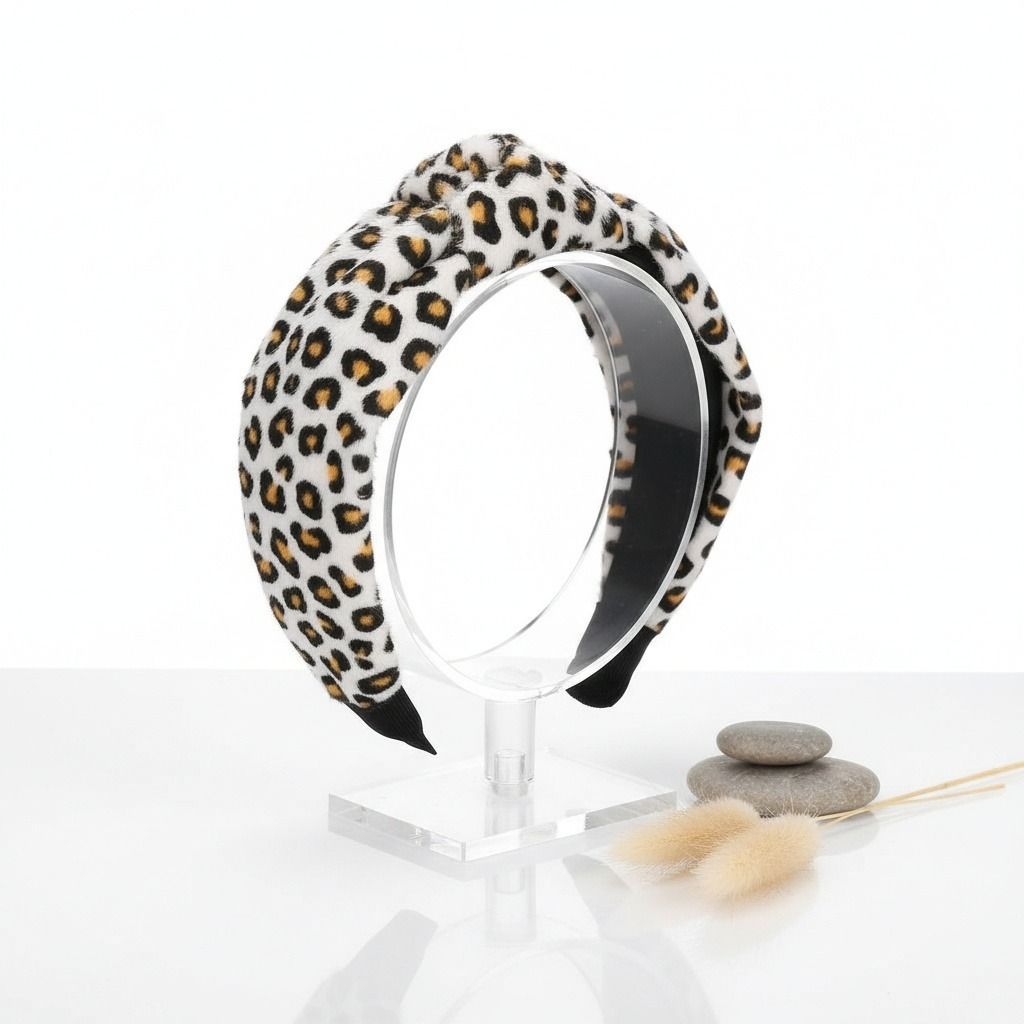 Furry White Leopard Knot Headband