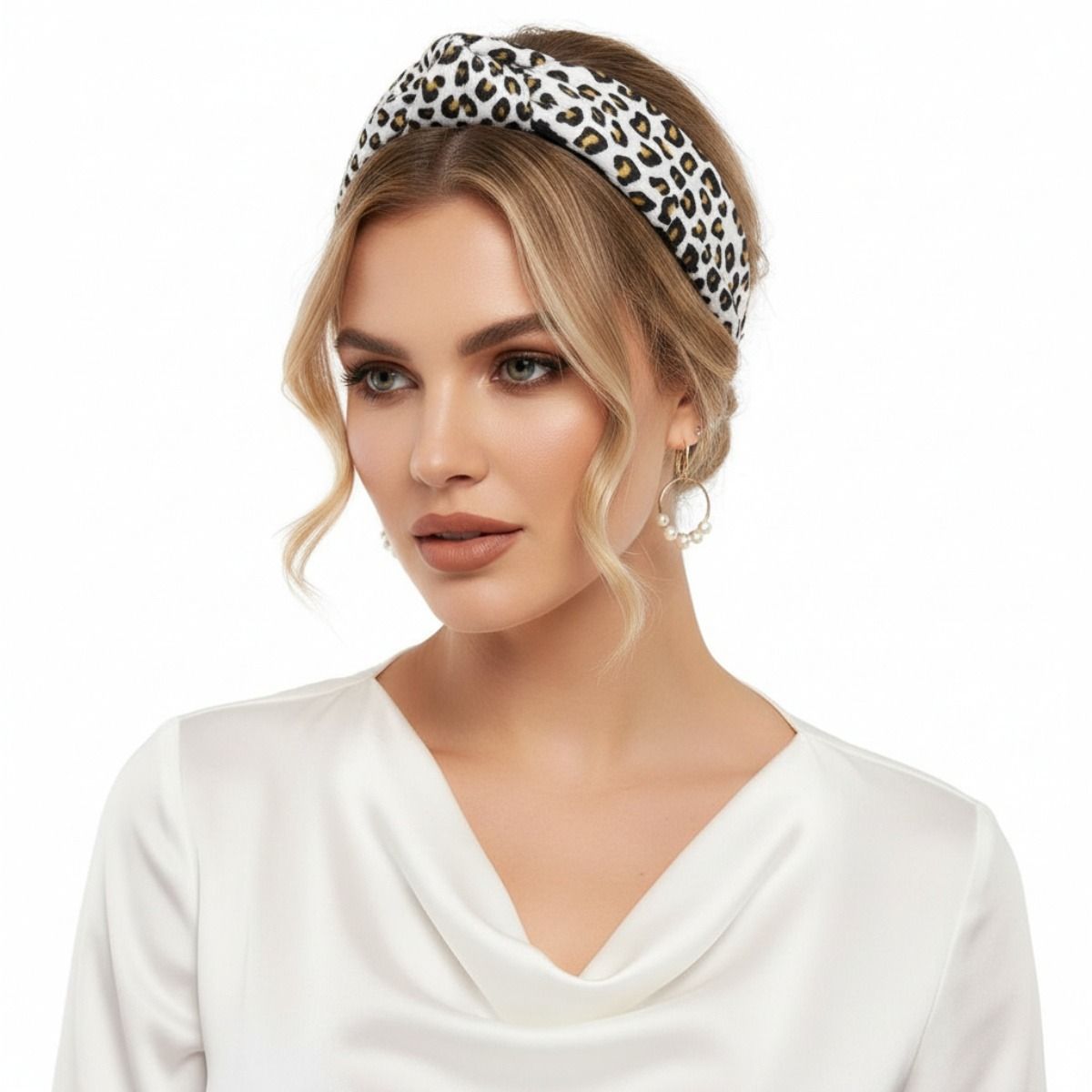 Furry White Leopard Knot Headband