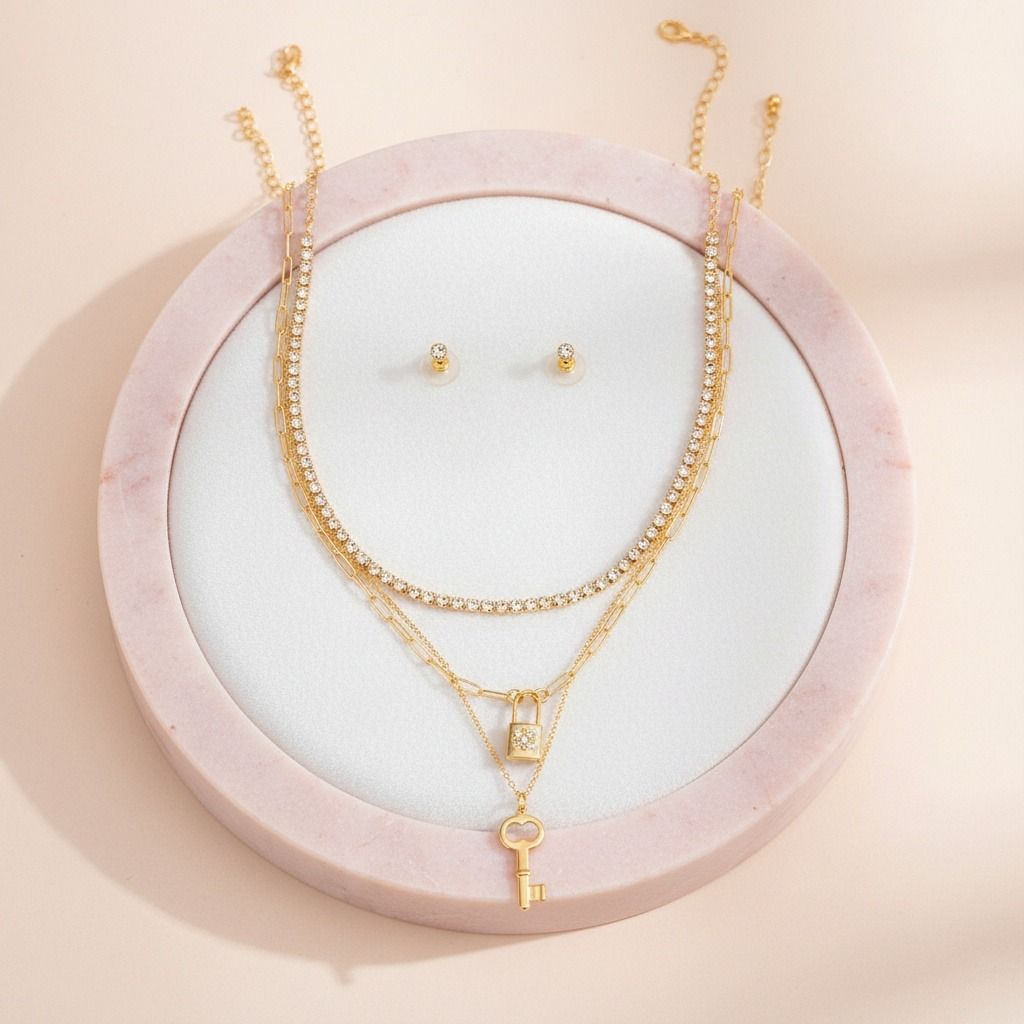 Gold 3 Layer Lock and Key Necklace