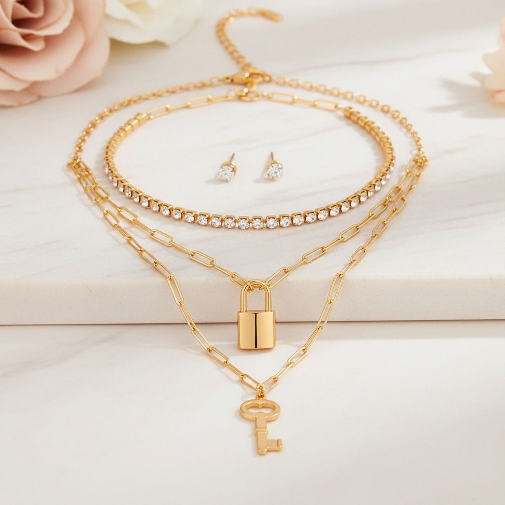 Gold 3 Layer Lock and Key Necklace