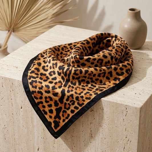 Silky Square Camel Leopard Print Fashion Scarf