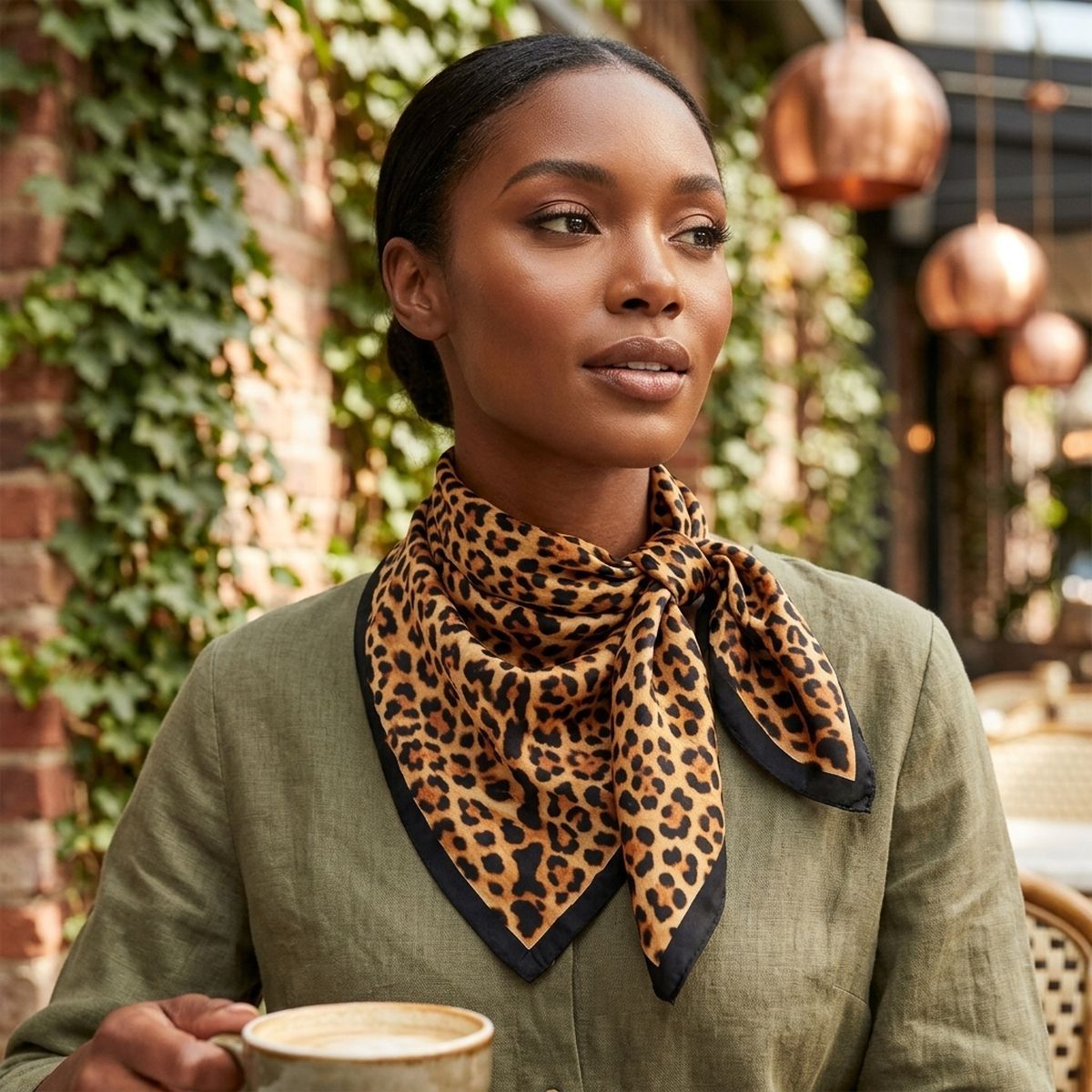 Silky Square Camel Leopard Print Fashion Scarf