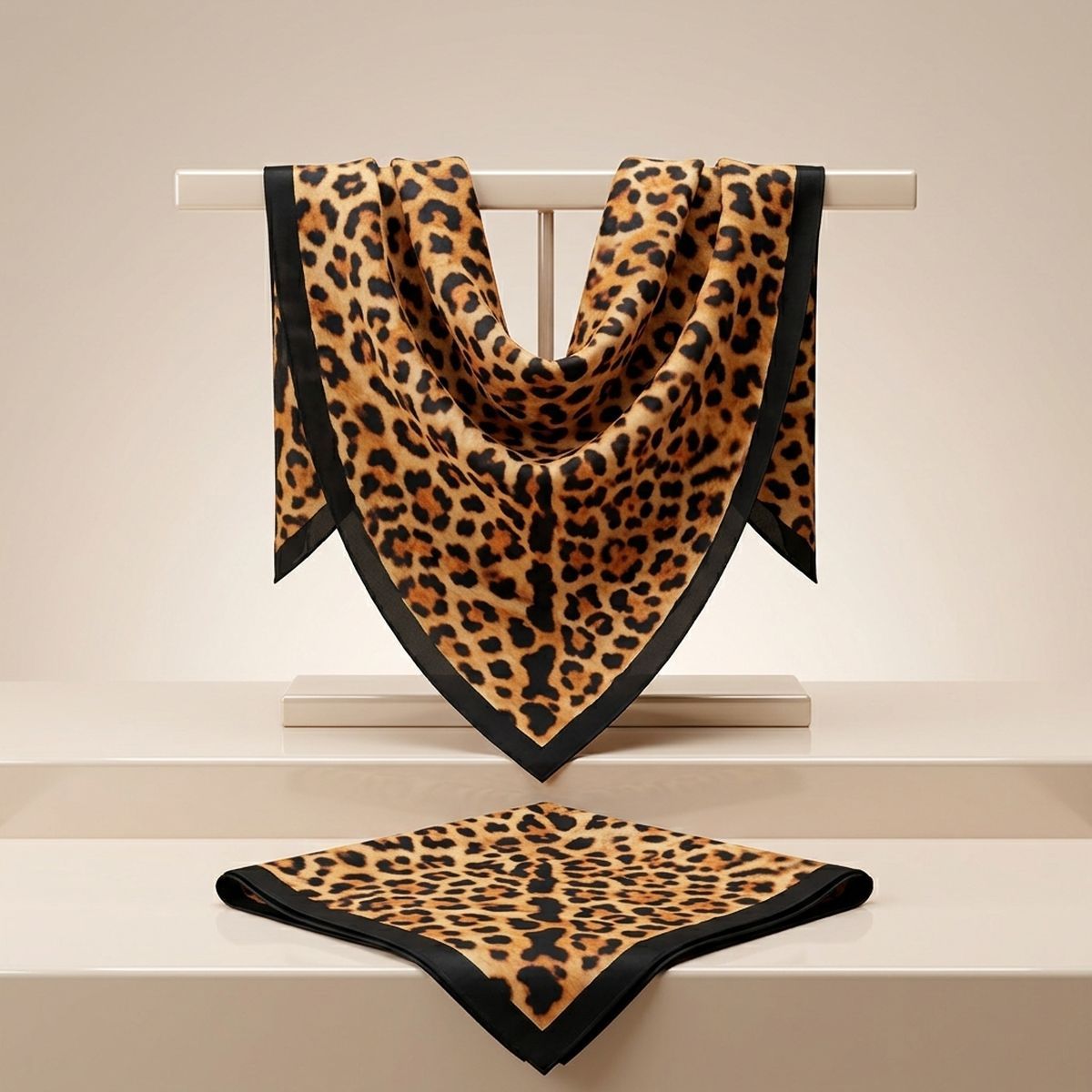 Silky Square Camel Leopard Print Fashion Scarf